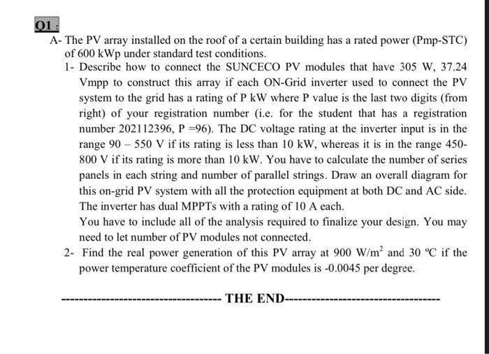 Solved Q1 A- The PV array installed on the roof of a certain | Chegg.com