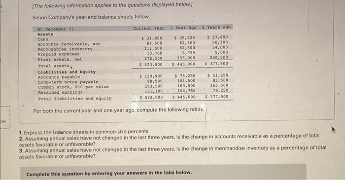 [The following information applies to the questions displayed below.]
Simon Companys year-end balance sheets follow.
For bot