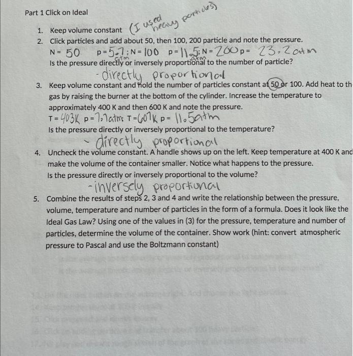 Part 1 Click on Ideal 1. Keep volume constant 2. | Chegg.com