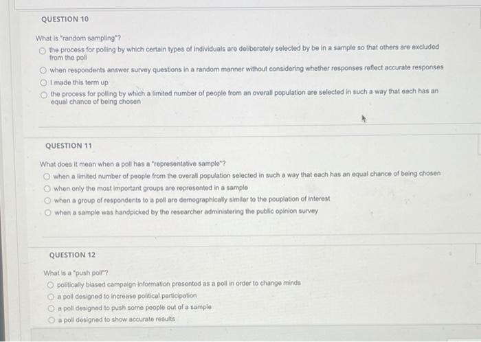 QUESTION 10 What is random sampling? the process for | Chegg.com