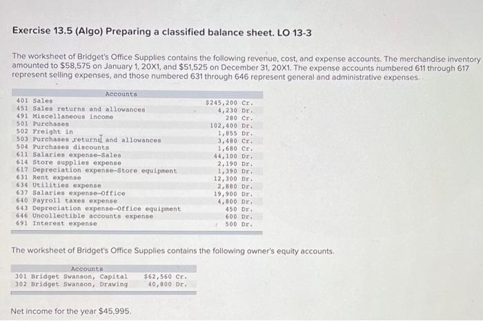 Solved Exercise 13.5 (Algo) Preparing a classified balance | Chegg.com