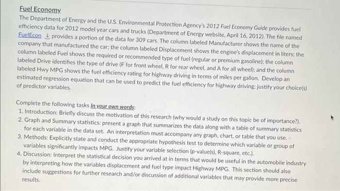 Solved Fuel Economy The Department Of Energy And The U S Chegg