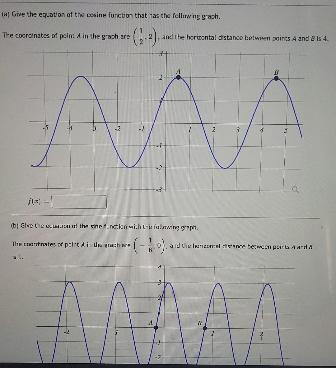 (a) Give the equation of the cosine function that has the following graph.
The coordinates of point A in the graph are
(1/?2)