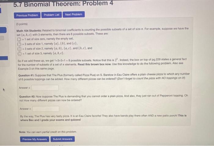 Solved 5.7 Binomial Theorem: Problem 4 Previous Problem | Chegg.com