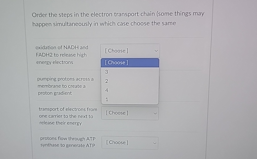 Solved Order the steps in the electron transport chain (some | Chegg.com