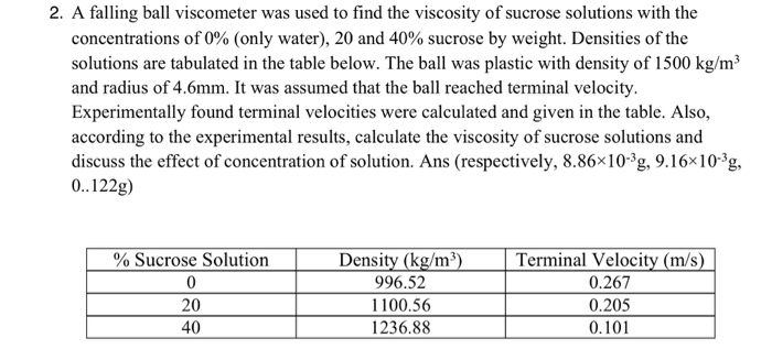 Solved 2. A falling ball viscometer was used to find the | Chegg.com