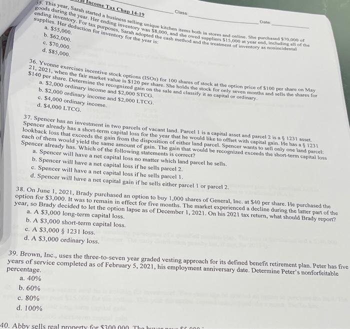 Solved Income Tax Chap 11-19 35. This year, Sarah started a | Chegg.com