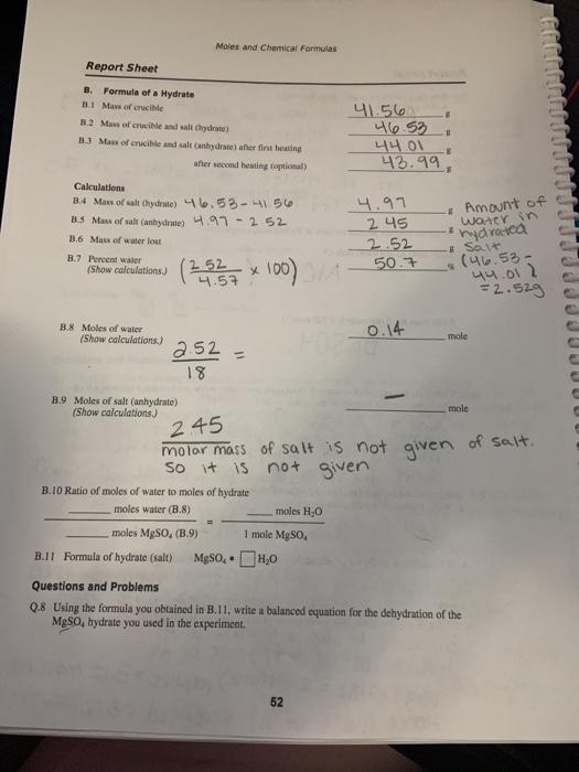 Solved Moles And Chemical Formulas Report Sheet B Formula