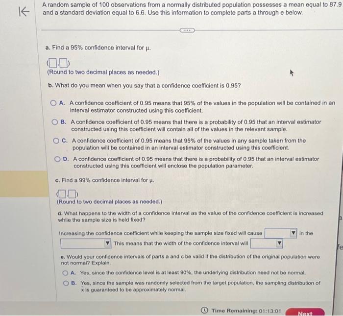 Solved A Random Sample Of 100 Observations From A Normally | Chegg.com