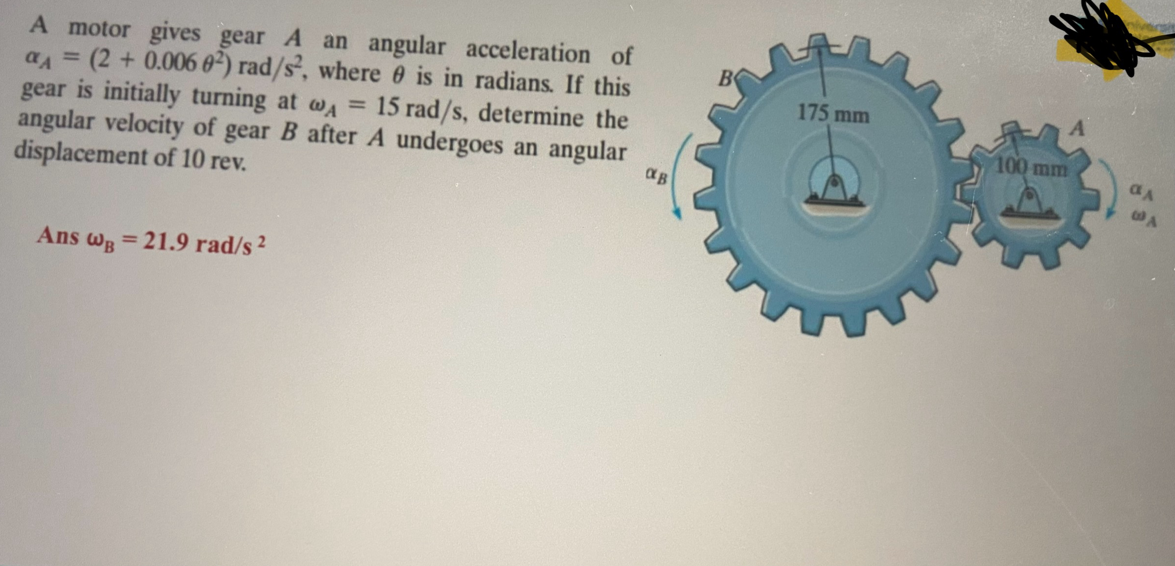 A motor gives gear A ﻿an angular acceleration of