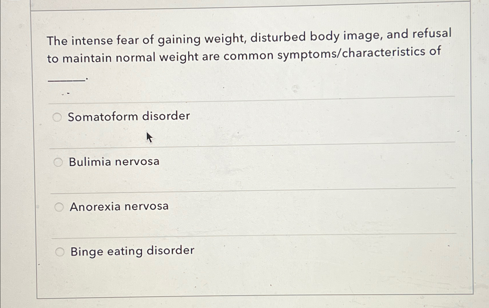Solved The intense fear of gaining weight, disturbed body | Chegg.com