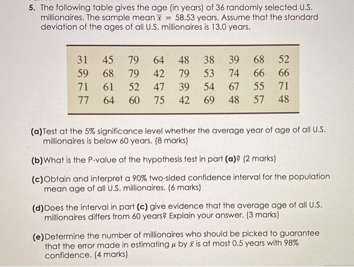 Solved 5. The following table gives the age (in years) of 36 | Chegg.com