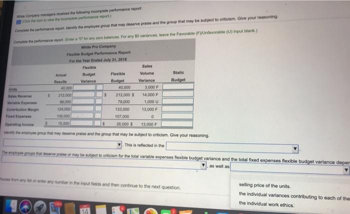 Solved wowycerved the flowing incomplete performance report | Chegg.com