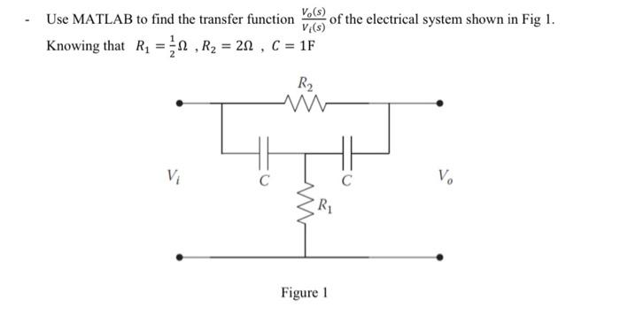 Solved Use MATLAB to find the transfer function Vi(s)Vo(s) | Chegg.com