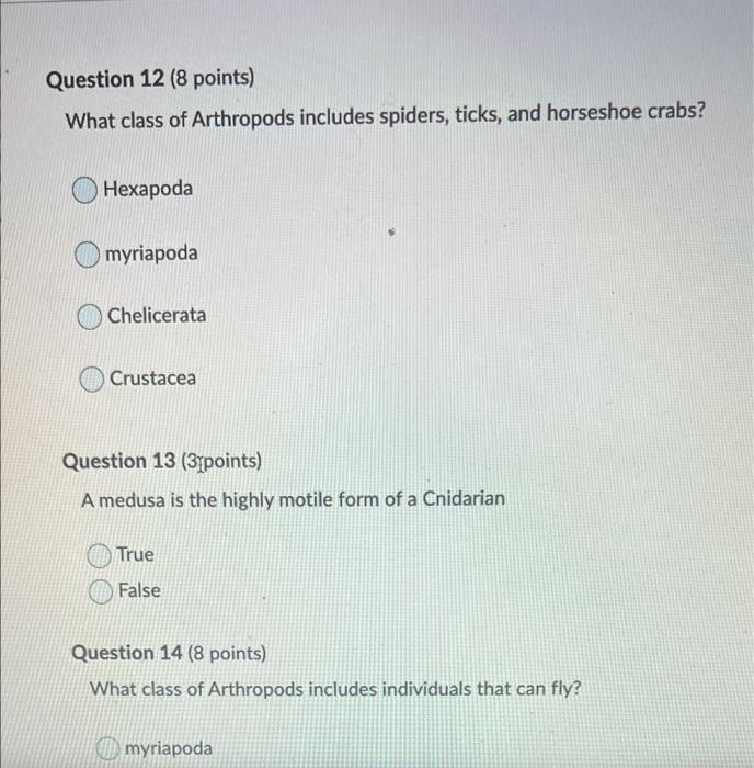 Solved Question 12 (8 points) What class of Arthropods
