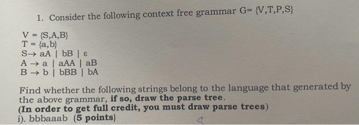 Solved 1. Consider the following context free grammar | Chegg.com