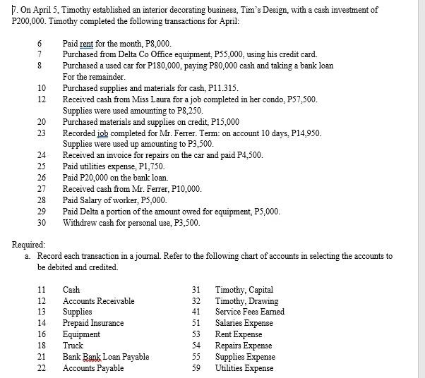 Solved 1. On April 5, Timothy established an interior | Chegg.com
