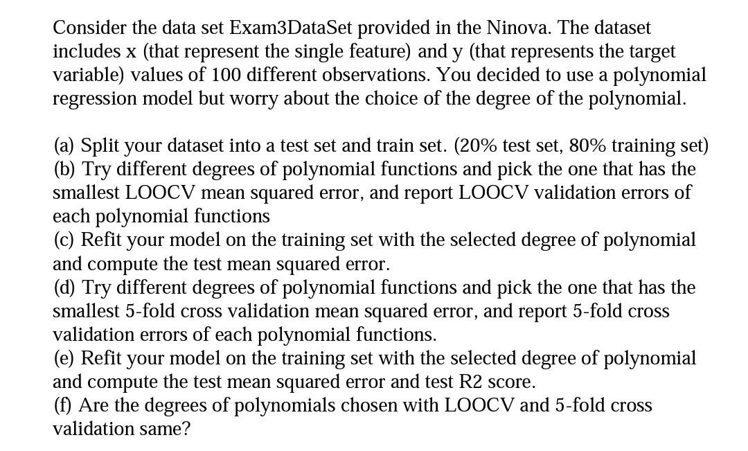 Solved Consider the data set Exam3DataSet provided in the | Chegg.com