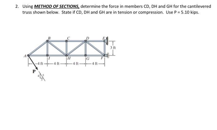 2. Using METHOD OF SECTIONS, determine the force in members CD, DH and GH for the cantilevered
truss shown below. State if CD