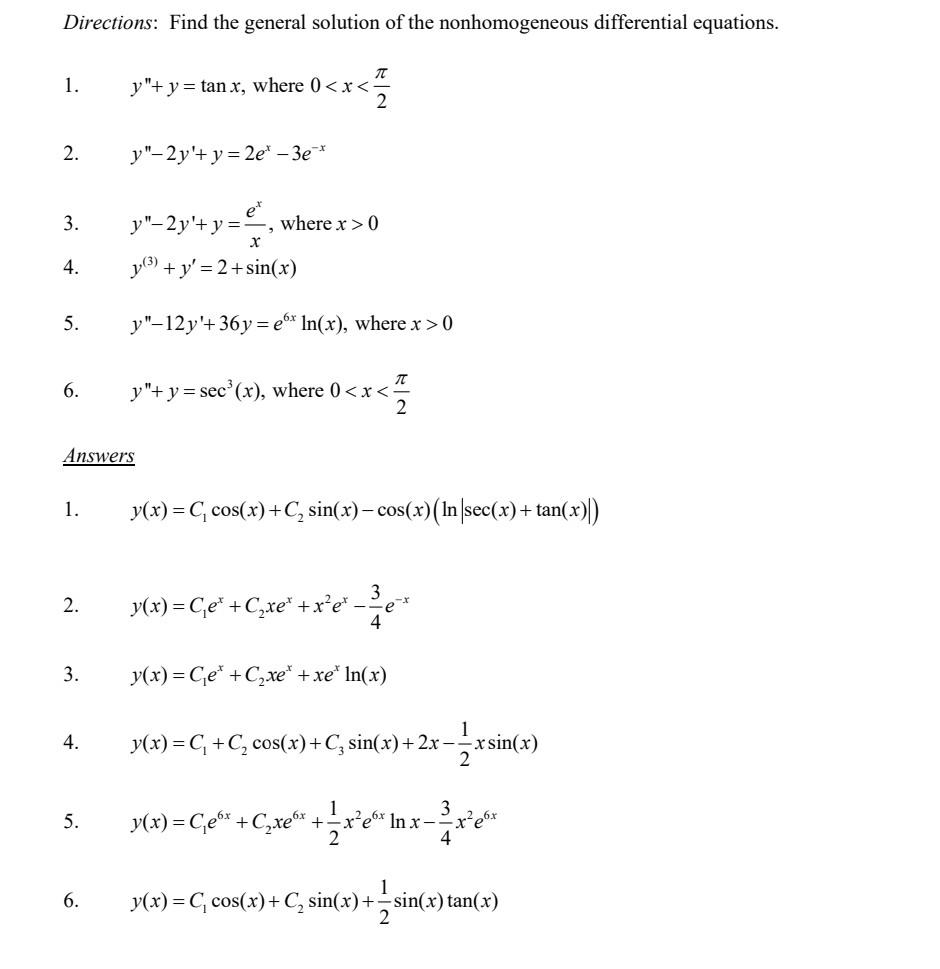 Solved Directions: Find the general solution of the | Chegg.com