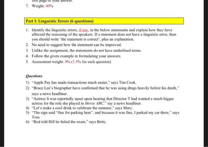 Solved 7. Weight: 40% Part 1: Linguistic Errors (6 | Chegg.com