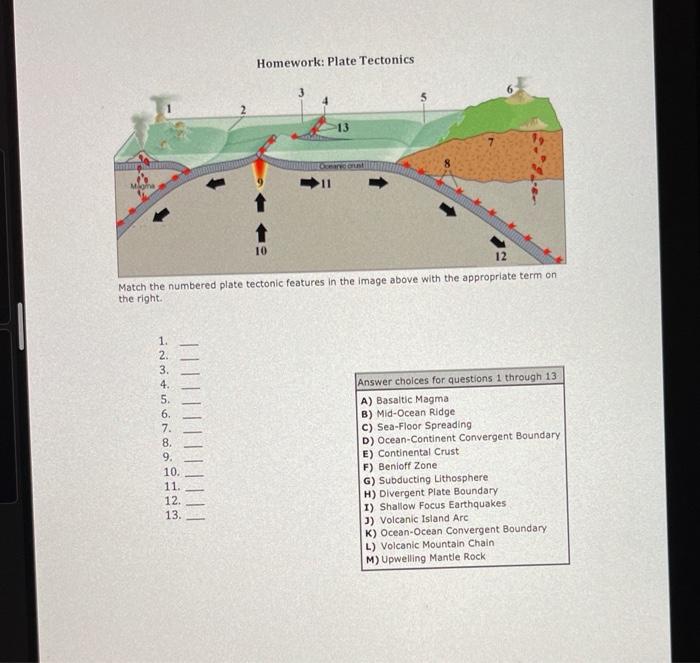 Solved Homework: Plate Tectonics 13 11 1 10 12. Match The | Chegg.com