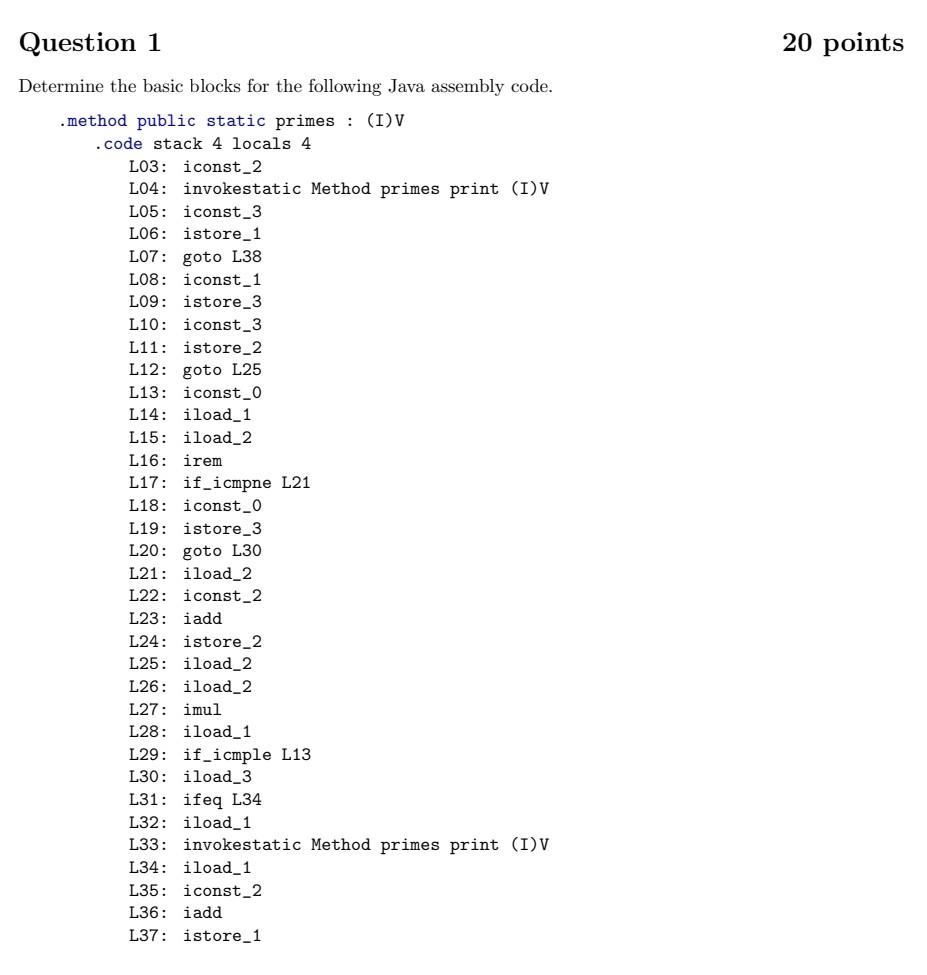 Solved Question 1 20 points Determine the basic blocks for | Chegg.com