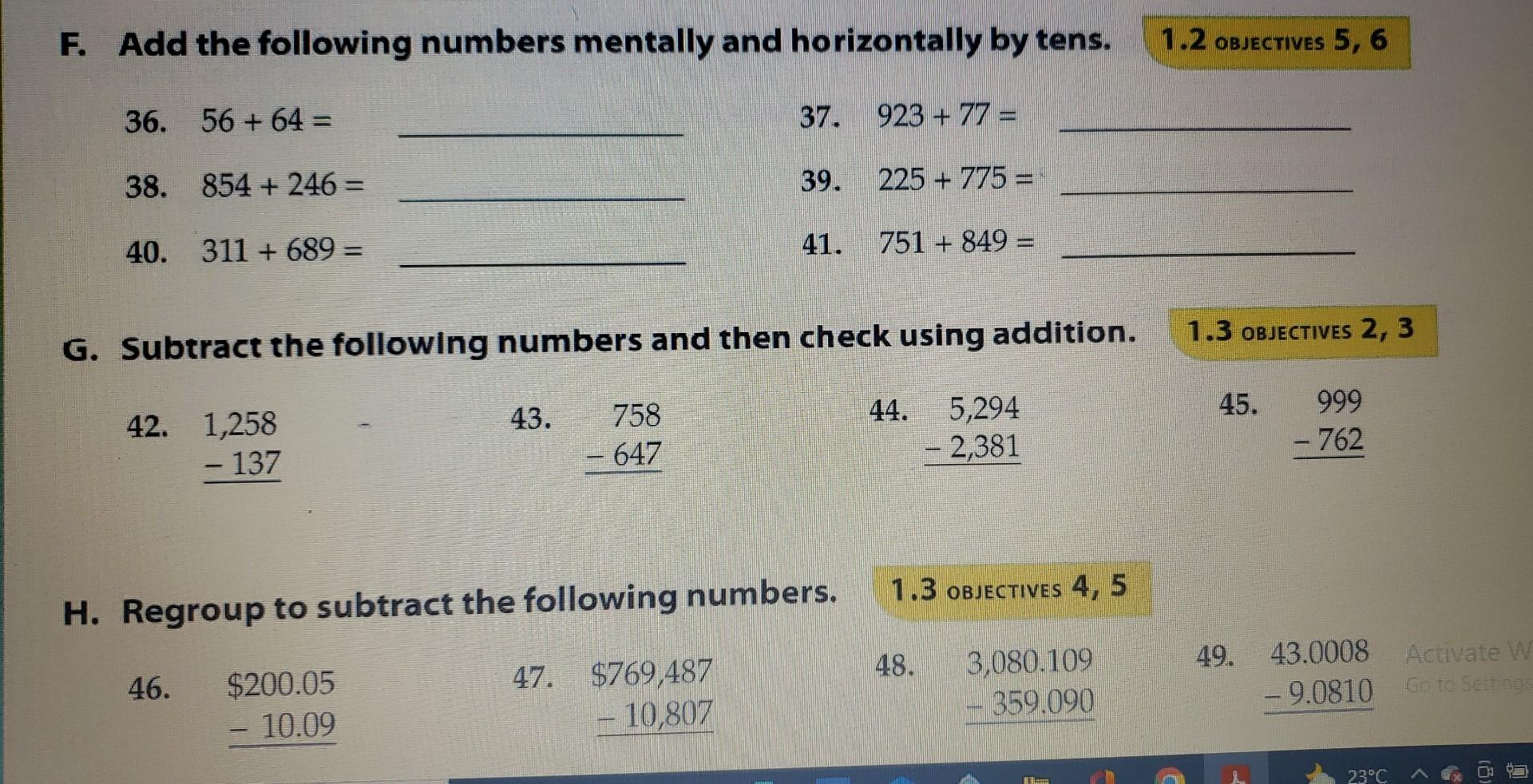 Solved F. Add the following numbers mentally and | Chegg.com