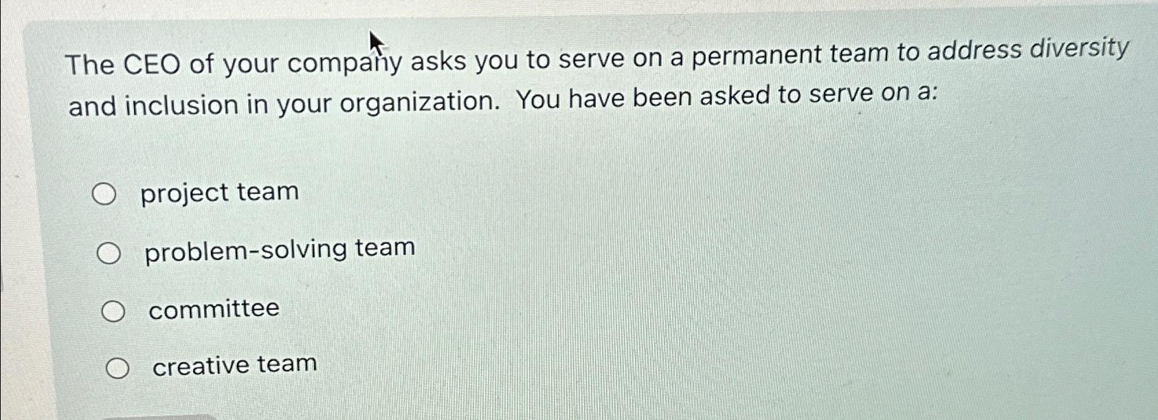 Solved The CEO of your company asks you to serve on a | Chegg.com