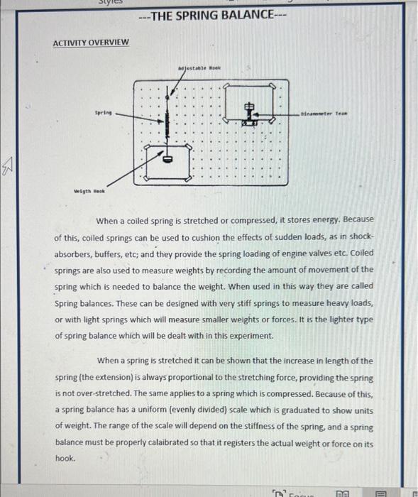 Solved THE SPRING BALANCE ACTIVITY OVERVIEW adjustable