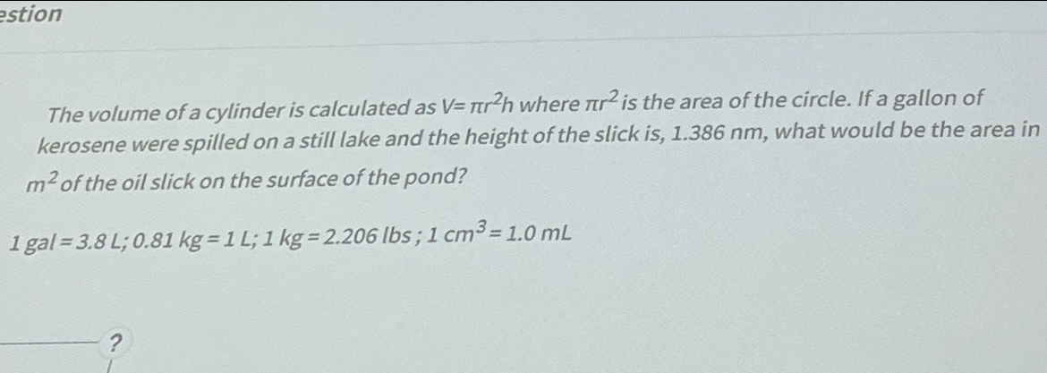 Solved The volume of a cylinder is calculated as V=πr2h | Chegg.com
