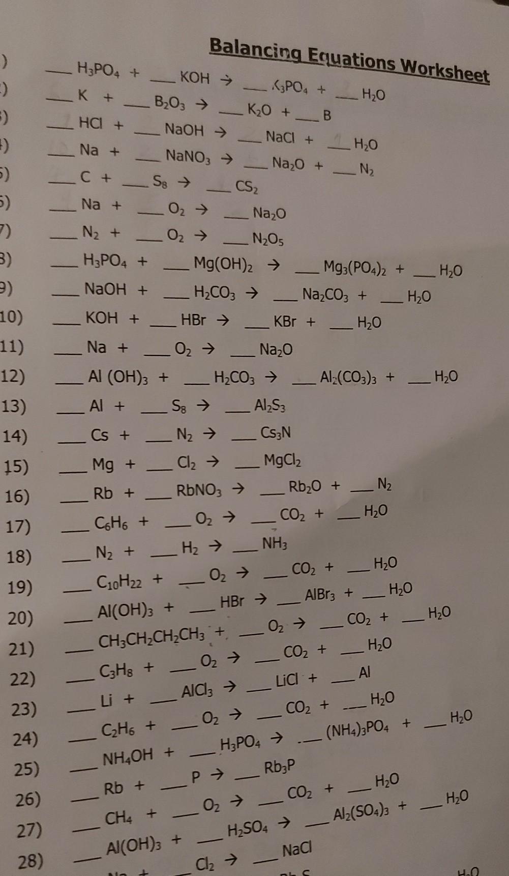 Solved Balancing Equations Worksheet HCl + NaCl + 20) :) 20) 20 Intended For Balancing Equation Worksheet With Answers