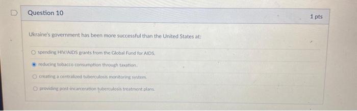 D Question 10 1 pts Ukraines government has been more successful than the United States at: spending HIV/AIDS grants from th