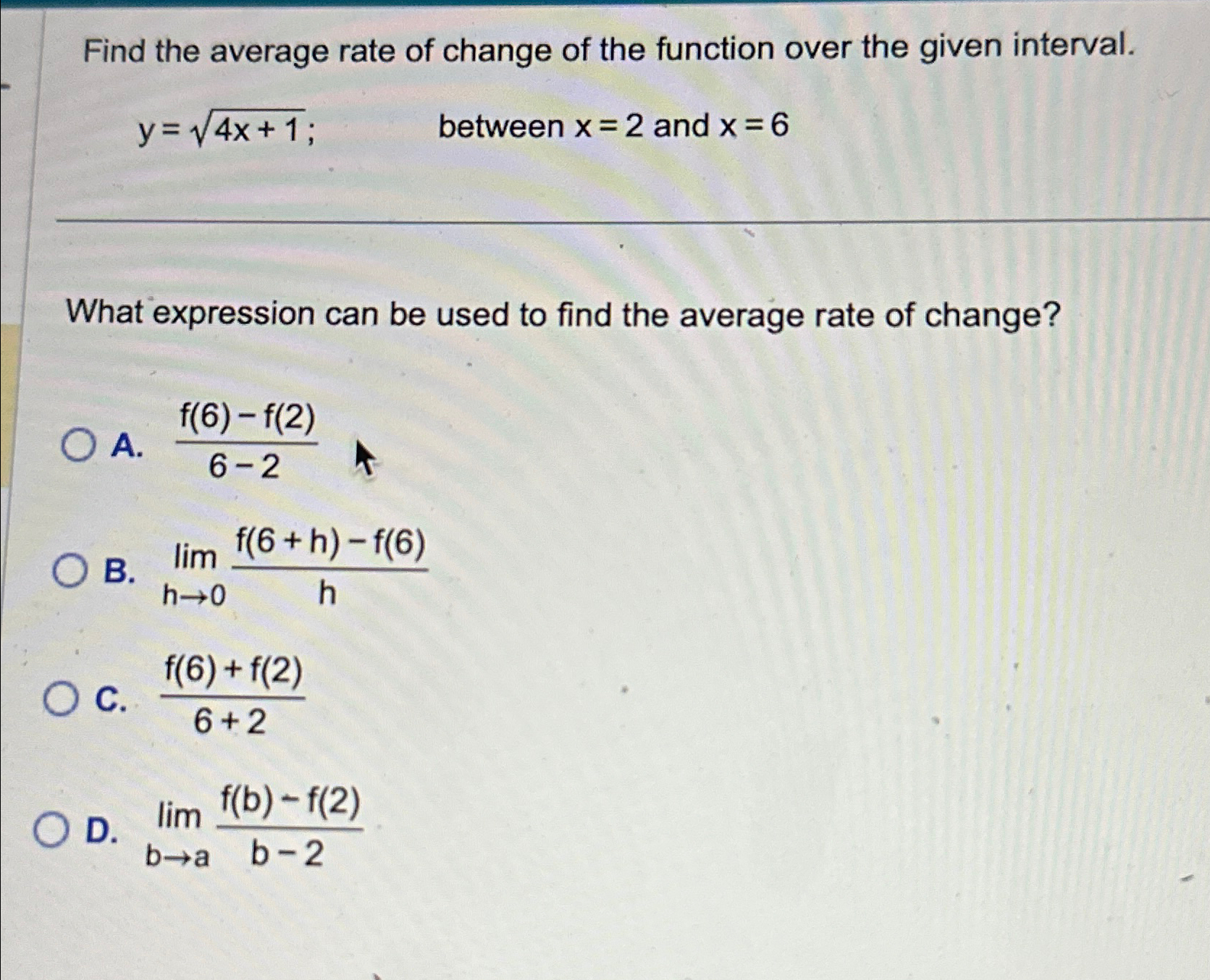 Solved Find the average rate of change of the function over | Chegg.com