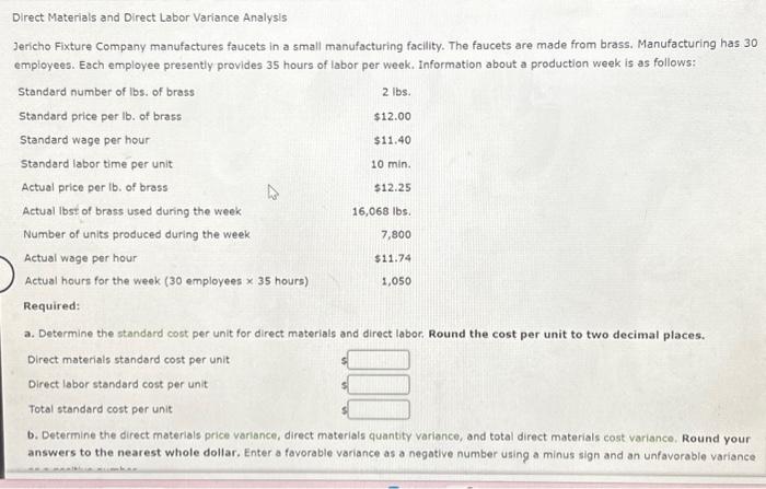 Solved Direct Materials and Direct Labor Variance Analysis | Chegg.com