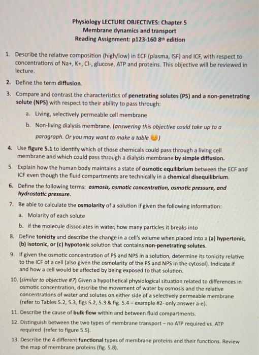 Solved Physiology LECTURE OBJECTIVES: Chapter 5 Membrane | Chegg.com