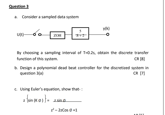 Solved Question 3 a. Consider a sampled data system y(k) | Chegg.com