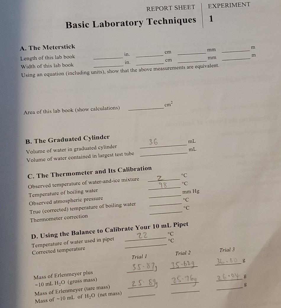 REPORT SHEET EXPERIMENT 1 Basic Laboratory Techniques