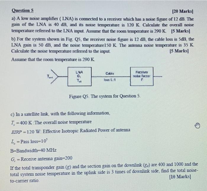 Solved Question 5 [20 Marks) a) A low noise amplifier (LNA) | Chegg.com