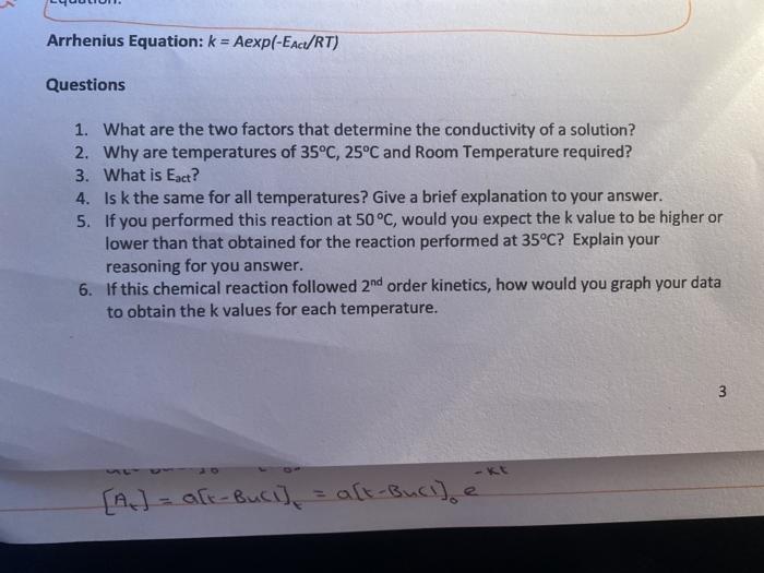 Solved Arrhenius Equation: k = Aexp(-EAct/RT) Questions 1. | Chegg.com