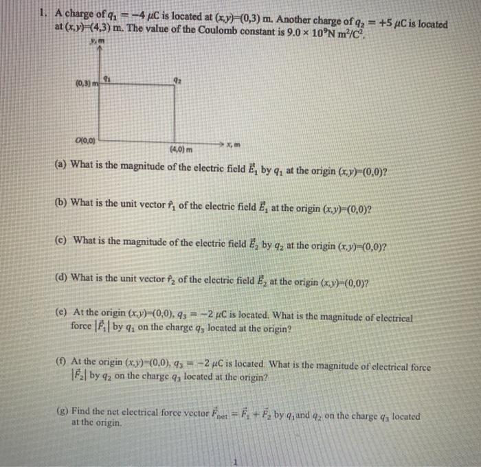 Solved 1 A Charge Of Q 4 Uc Is Located At X Y 0 3 Chegg Com