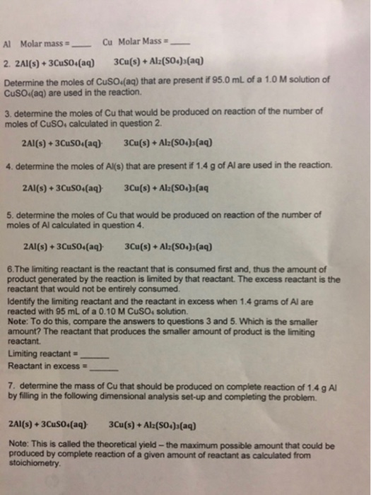Solved Al Molar mass=_ Cu Molar Mass= 2. 2Al(s) + 3CuSO4(aq) | Chegg.com