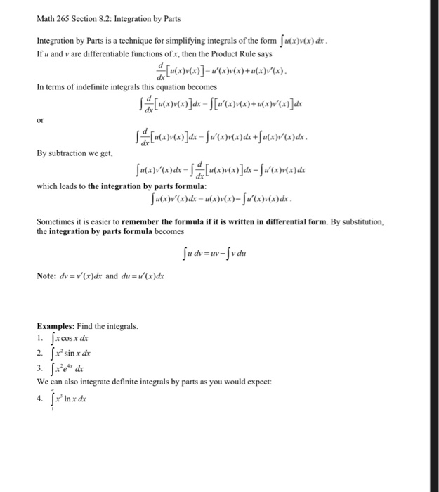 Solved Math 265 Section 8.2: Integration by Parts | Chegg.com