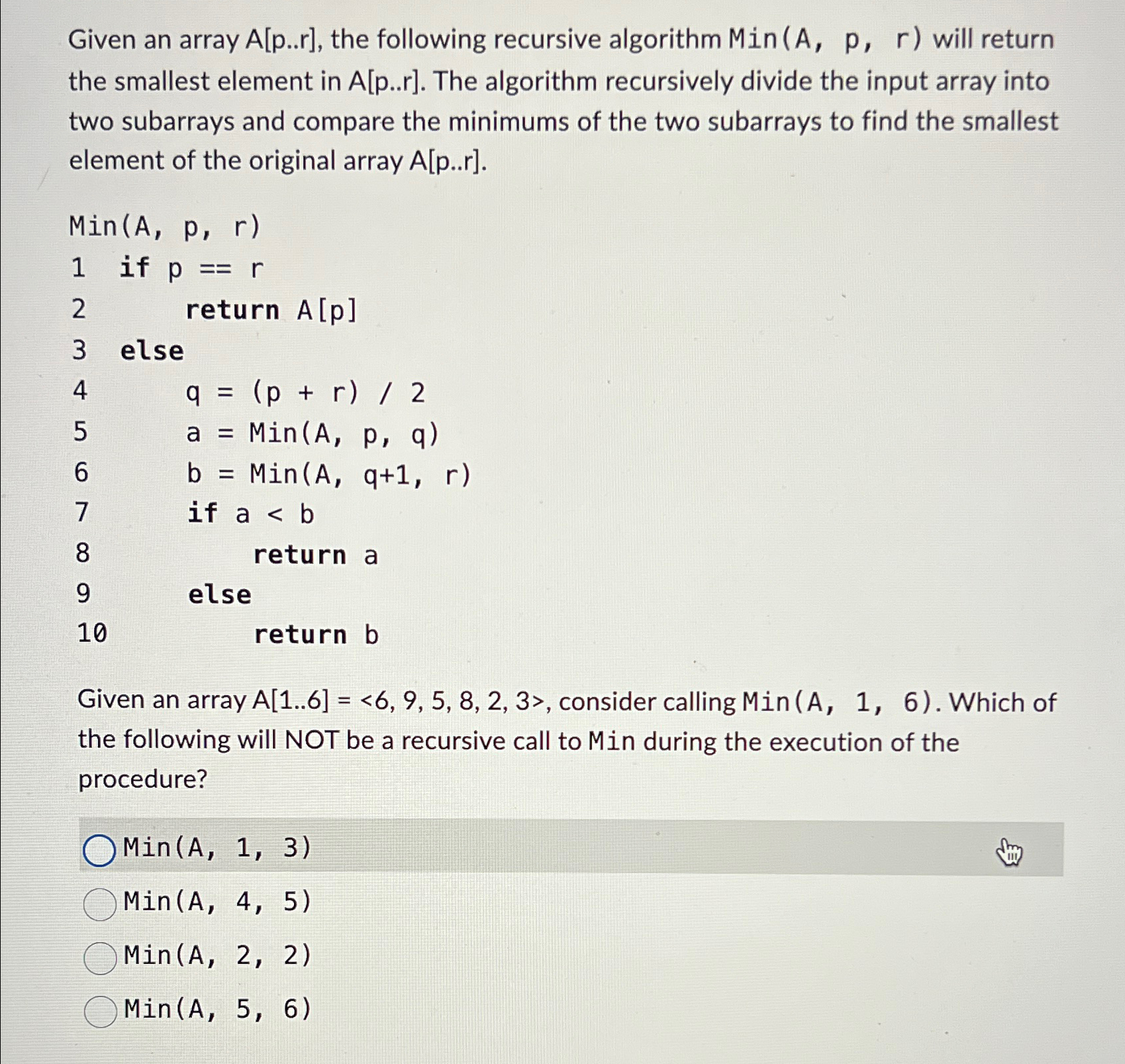 Solved Given an array A[p..r], ﻿the following recursive | Chegg.com