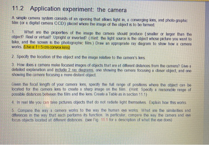 11.2 Application Experiment: The Camera A Simple | Chegg.com