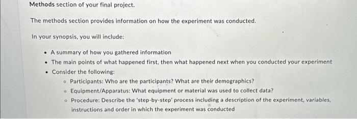 Solved Methods section of your final project. The methods | Chegg.com