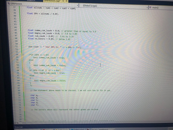 GPAHonors.cpp X GPAHonors - (Global Scope) float allnums - numi + num2 . num = num; - main float GPA - allnums / 4.0f; float