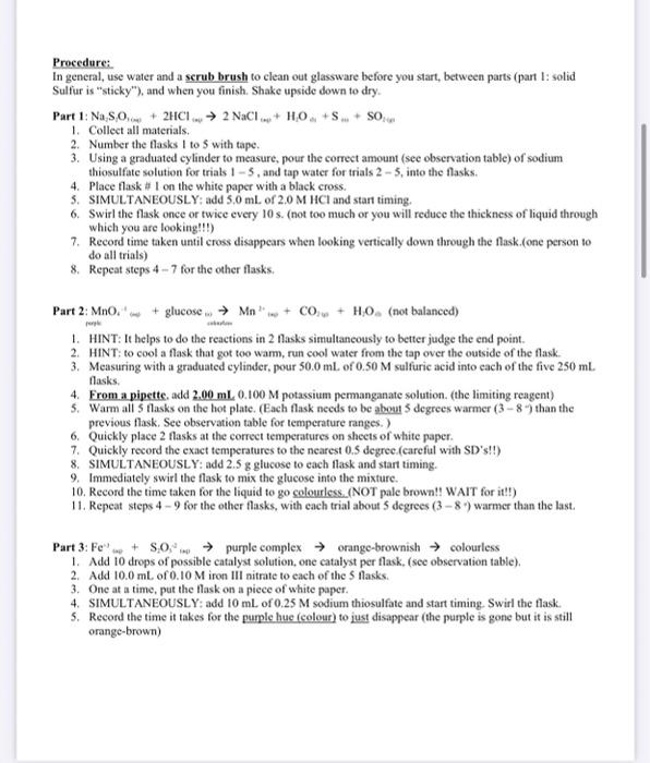 SCH 4 U Lab: Rates of Reaction Name: Preamble | Chegg.com