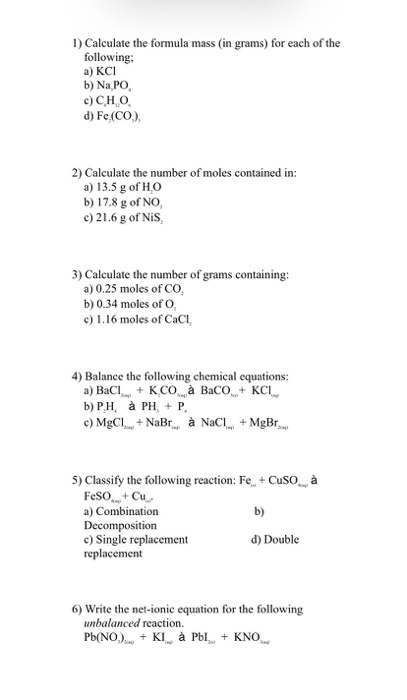 Solved 1) Calculate the formula mass (in grams) for each of | Chegg.com