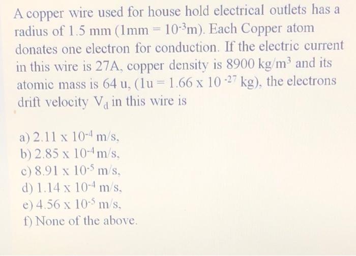 Solved A copper wire used for house hold electrical outlets | Chegg.com
